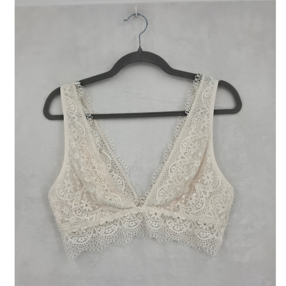 Victorias Secret Cream Floral Lace Bralette V-Neck XL Ivory Loungewear Romantic